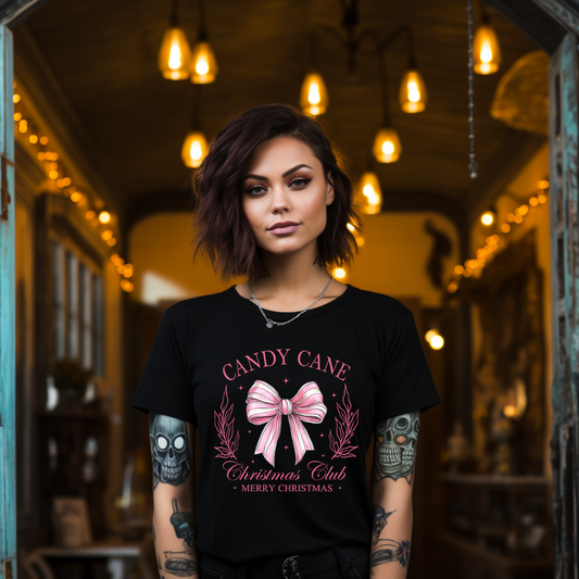 Candy Cane Christmas Club Coquette Bow Adults T-Shirt